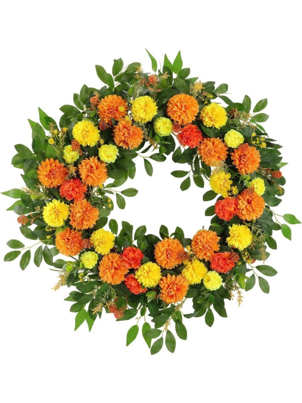 26” Large Floral Wreath - Orange Yellow Marigold & Green Leaves for Home Décor